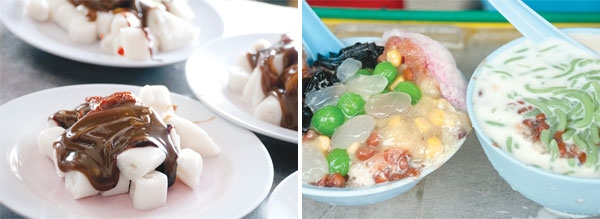 Chee cheong fun at Genting Coffee Shop (left). Ais kacang and cendol at Joo Hooi Café (right). 