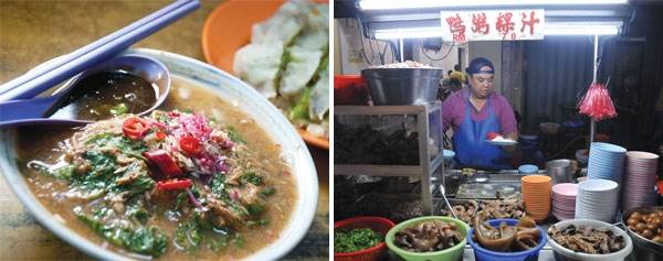 Assam laksa at Bee Hooi Coffee Shop (left). Kuih Chiap at Kimberley Street (right).